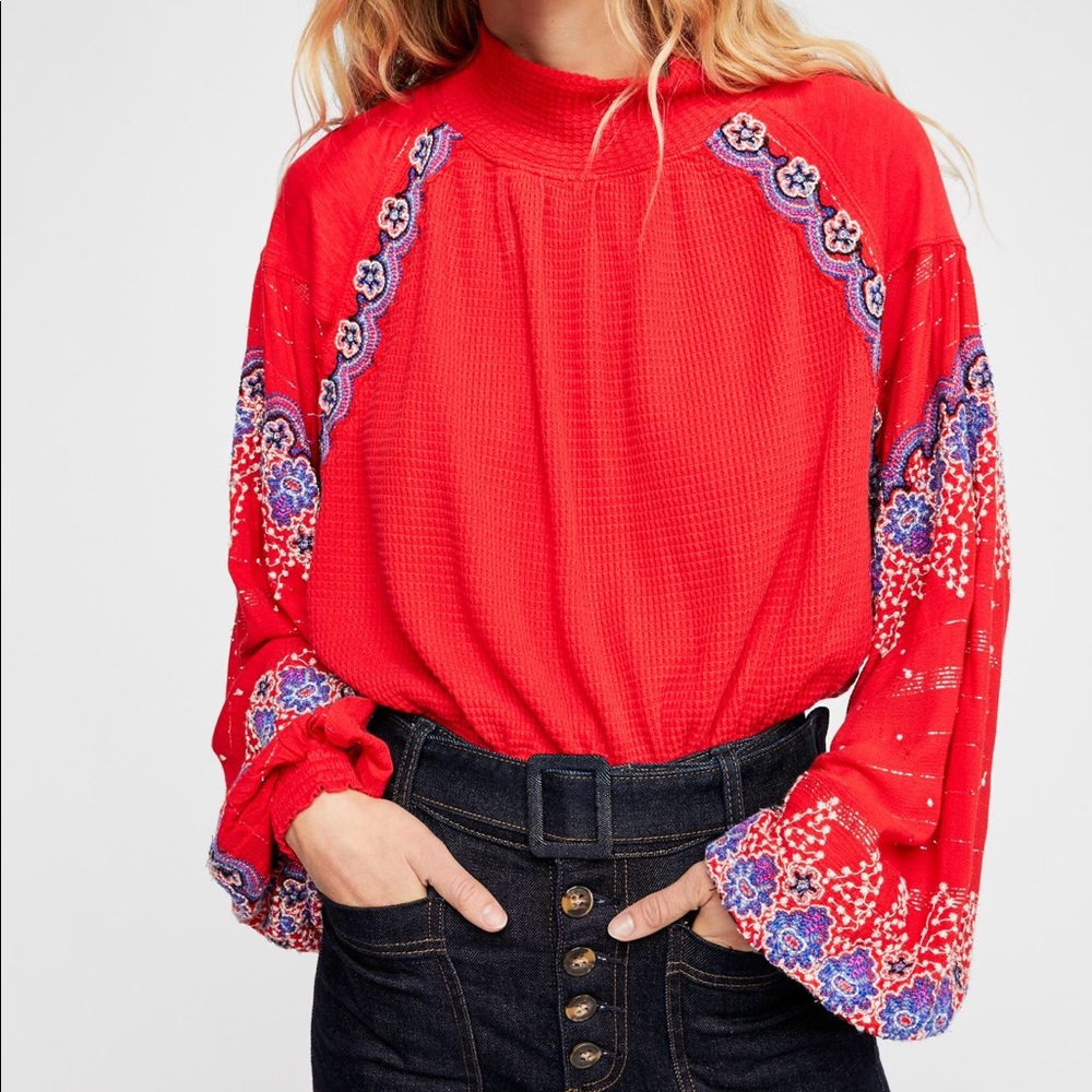 NWOT Free People Red Mockneck Embroidered Top